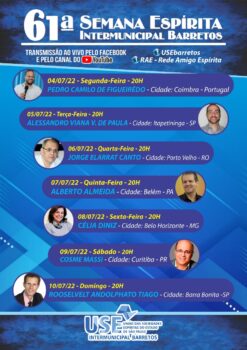 Programação foi divulgada pela USE Barretos Semana Espírita terá palestras online em julho